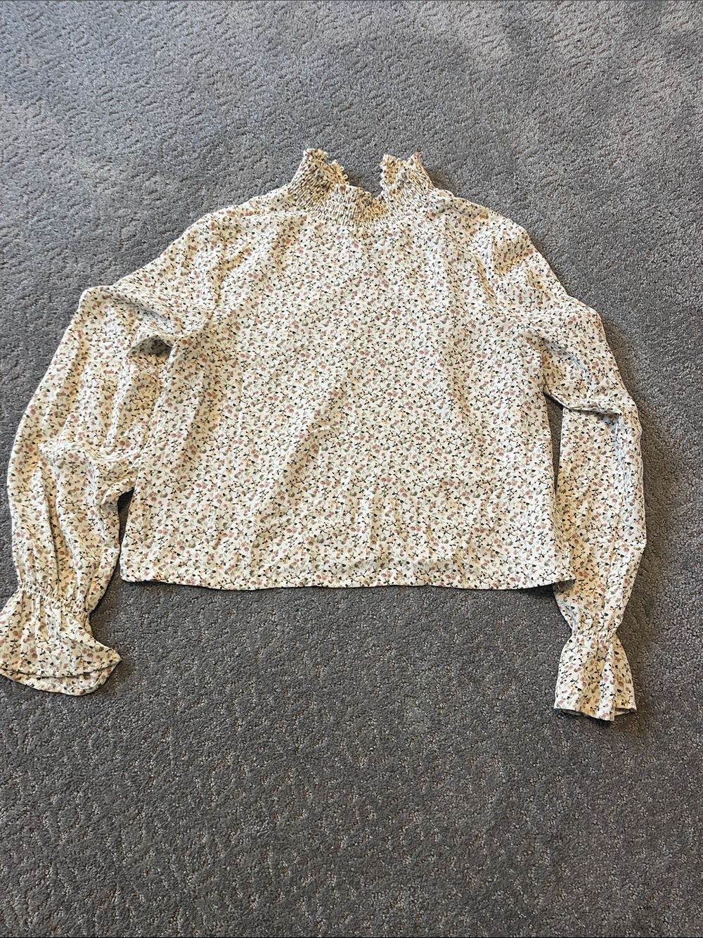 Cream Floral Mock-Neck Ruffle Cuff Waist Length Blouse